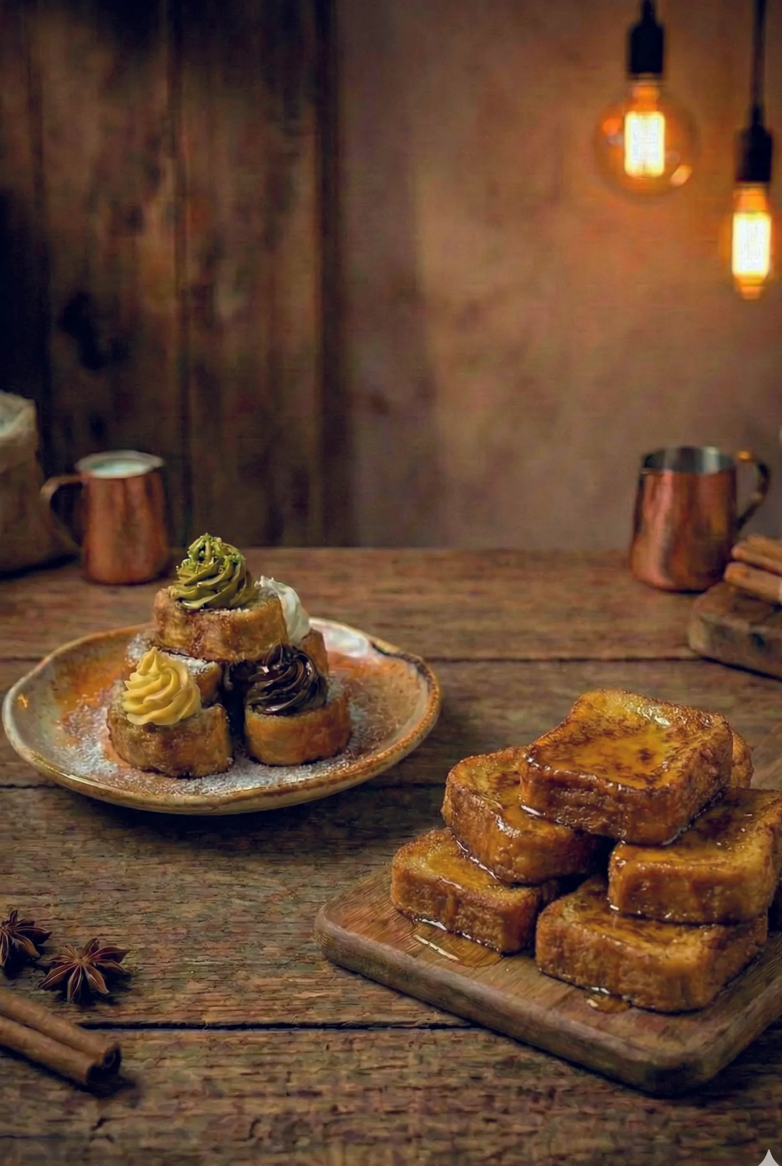 Mini torrijas con cremas y torrijas de pan de molde con miel