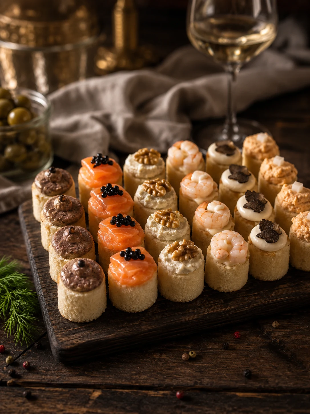 Piononos salados con paté, salmón, trufa, langostino y otros toppings